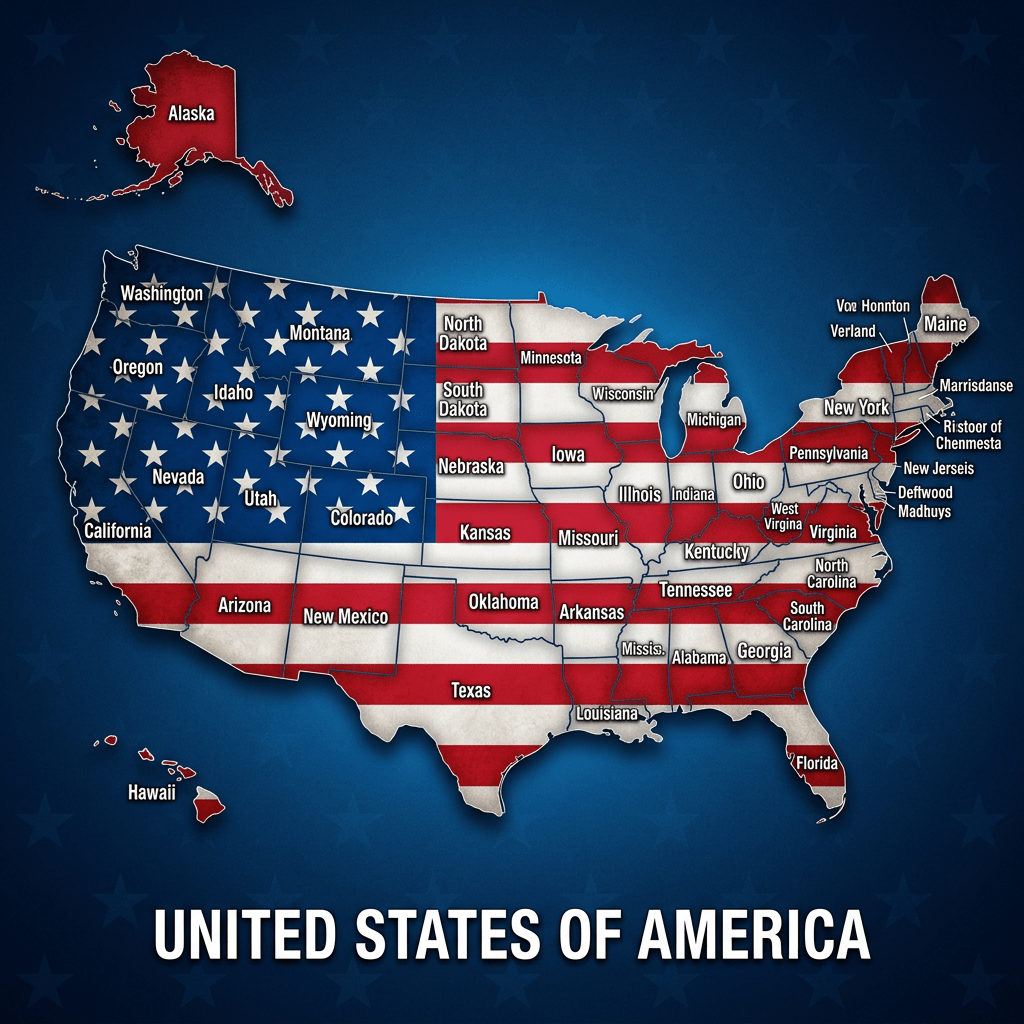 Map of the United States with each state labeled, overlaid with the American flag design